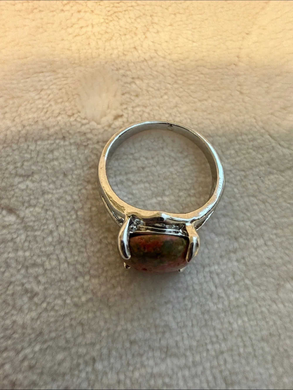 Genuine Stone women Ring Silver Unakite Cabochon Boho jewelry
